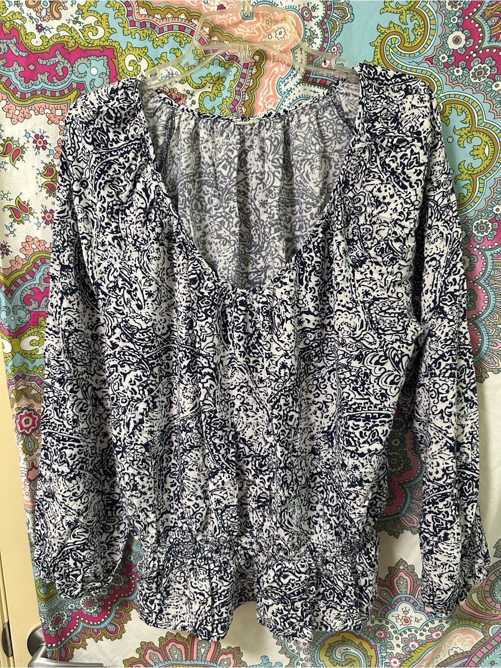 Women's Navy and White Paisley Long-Sleeve Peasant Blouse